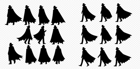 Set of mysterious cloaked figures in various walking and standing poses, silhouetted against a transparent background.
