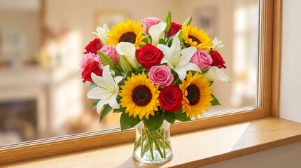 Bright Bouquet of Sunflowers Roses and Lilies in a Vase on a Sunny Windowsill