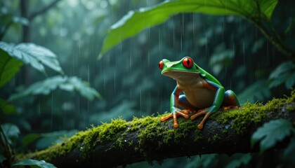 Green frog with red eyes on mossy branch in rain amphibian