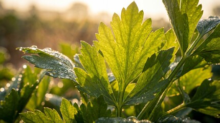 Fresh Green Celery Leaves with Morning Dew Drops in Early Sunlight