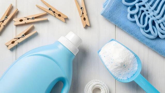 Close-up flat lay of laundry supplies and wooden clothespins | Blue liquid detergent bottle and powdered soap scoop overhead view | Essential household cleaning products for washing clothes