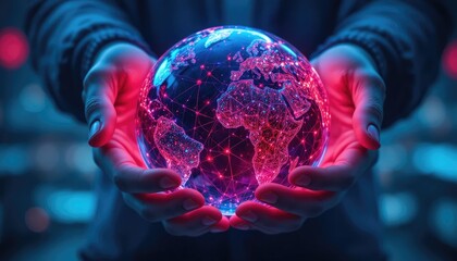 Hands holding glowing digital Earth with network connections