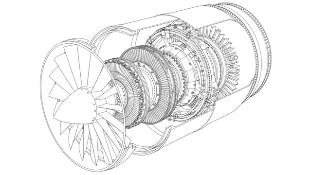 Turbine Engine Line Art Cutaway Showing Internal Structure Isolated on Transparent Background
