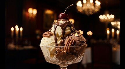 Decadent Gourmet Chocolate and Vanilla Ice Cream Sundae with Gold Flakes and Cherry
