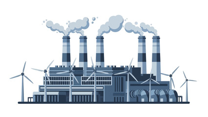 Obraz premium Modern industrial power plant with wind turbines, symbolizing renewable energy and industrial development