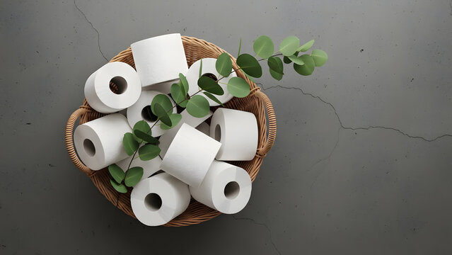 Overhead view of toilet paper rolls in wicker basket on dark concrete | Sustainable bathroom tissue storage with eucalyptus decor | Minimalist toilet paper stock on gray cracked cement background 