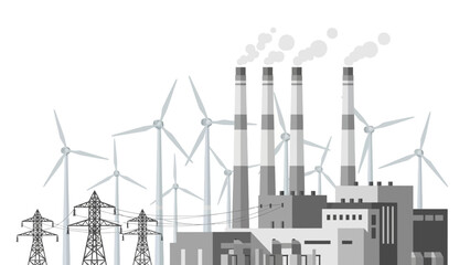 Obraz premium A grayscale illustration of a modern industrial landscape featuring wind turbines, power lines, and a factory with smoking chimneys, symbolizing renewable energy and industry