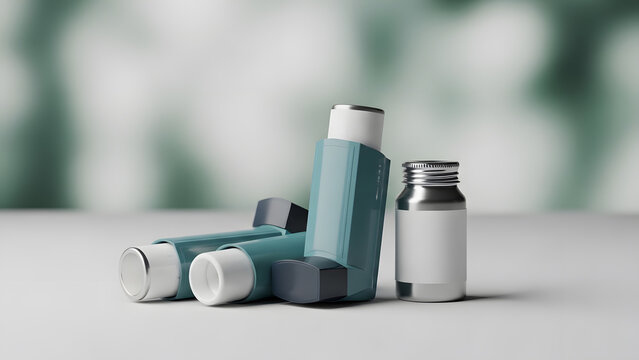 Asthma inhaler medication devices on table | Respiratory disease treatment and prescription drug concepts | Teal medical puffers and empty pill container mockup | Modern treatment for chronic obstruct