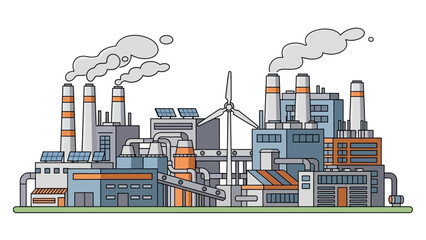 Obraz premium Industrial landscape with factories, solar panels, and wind turbines, representing manufacturing and renewable energy production