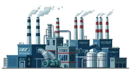 Obraz premium Illustration of a large industrial factory complex with smokestacks emitting smoke, representing manufacturing and production processes