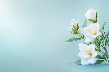 Fototapeta premium Elegant White Flowers with Green Leaves against Soft Blue Background for Calm Atmosphere