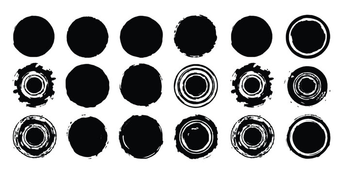 Collection of eighteen black circular grunge stamp textures offering various distressed outlines and solid fills for design projects