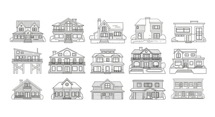 Naklejka premium Diverse collection of line art illustrations depicting residential architectural styles, perfect for real estate, urban planning, and home design visuals