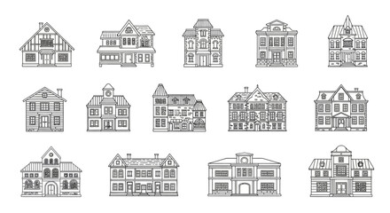 Fototapeta premium A diverse collection of detailed house illustrations, showcasing various architectural styles from classic mansions to quaint residential homes in black and white line art, ideal for design projects