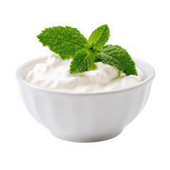 White bowl with whipped cream and mint leaves isolated on a transparent background