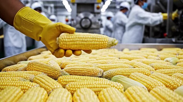 Corn processing facility featuring a harvested corn and factory workers