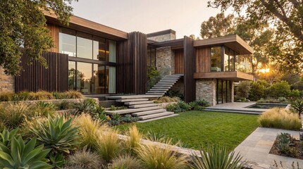 Contemporary Eco-Friendly Home Design Featuring Natural Stone, Wood Siding and Desert Landscaping