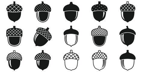 Collection of fifteen unique black and white acorn icons featuring various styles of detailed caps and smooth nuts for nature and autumn design projects © Mst Zakia