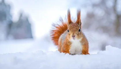 A fluffy, reddish-brown rodent with a large tail sits in the snow, gazing directly at the viewer. A winter scene © KL