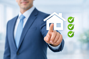 Positive male agent pointing digital home icon for property decision making with three green check marks showing success buying approved house