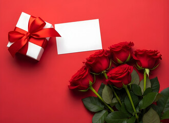 Red roses bouquet with gift box and blank card on red background