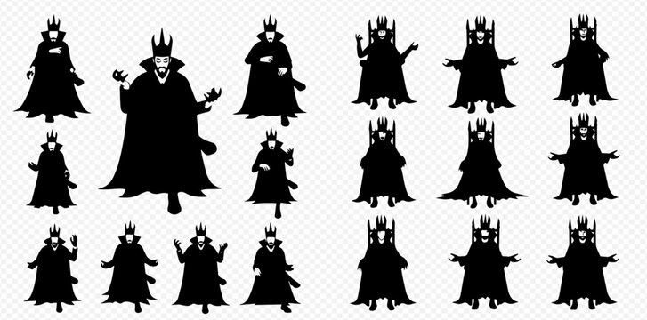 Set of black silhouettes of a dark king or evil sorcerer character in various poses, with crown and cape, isolated on a transparent background.