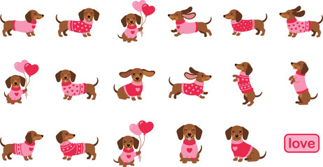 Cute Valentine dachshund dog illustration set with playful puppies hearts balloons and pink outfits for romantic greeting designs © Hello World