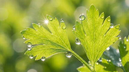 Macro View of Sparkling Water Droplets on the Edges of Green Herb Leaves