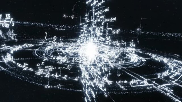 Abstract Science Visualization - Equations and Particle Collisions in Digital Space.