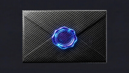 Symmetrical 3D rendering of carbon fiber envelope with neon glass seal featuring high tech texture on dark background
