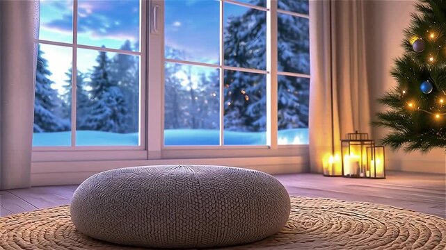 Cozy knitted cushion and pouf on round rug near large window with snowy winter view, wooden floor, decorated Christmas tree, glowing candles