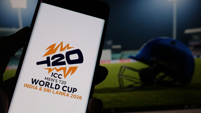 New Delhi, India - January 19 2026: T20 World Cup 2026 Logo on Phone Screen with Cricket Helmet