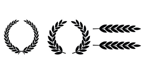 Collection of black silhouette award symbols featuring laurel wreaths and wheat stalks representing victory achievement honor and classic ornamental design elements © Mst Zakia
