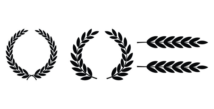 Collection of black silhouette award symbols featuring laurel wreaths and wheat stalks representing victory achievement honor and classic ornamental design elements