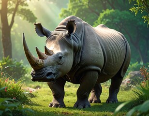 Fototapeta premium A large gray rhinoceros stands in a lush green forest