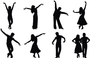 Set of dynamic dancer silhouettes performing expressive movements representing freedom energy passion artistic performance and active lifestyle for creative graphic design