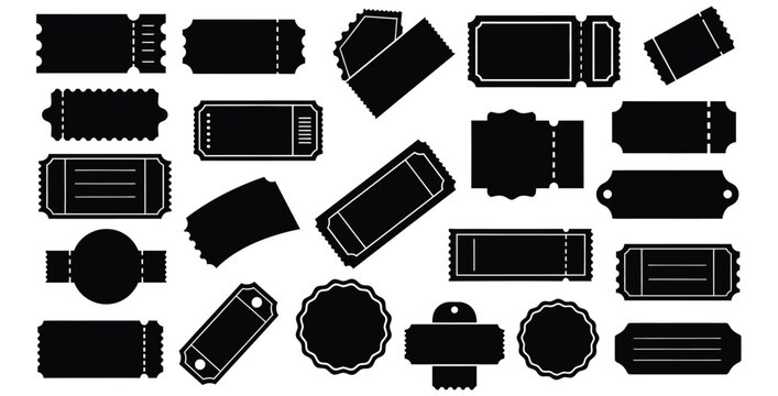 Collection of various black and white silhouette vector icons representing different styles of admission stubs raffle passes event entry vouchers and blank tear off tickets for design