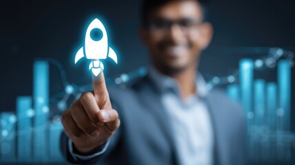 A man pointing his finger at a neon rocket, representing business startup or innovative concept. The image conveys the idea of launching a new venture