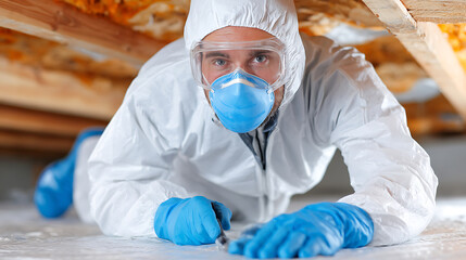 Worker in Protective Suit Repairs Plumbing Under House in Early Afternoon