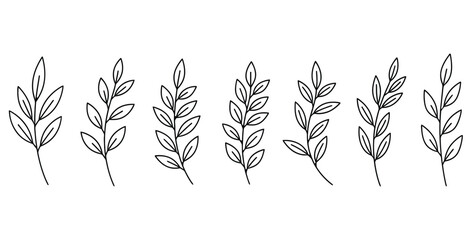 Collection of six different simple black and white botanical line art sprigs featuring delicate leaves perfect for minimalist design elements or elegant decoration © Mst Zakia
