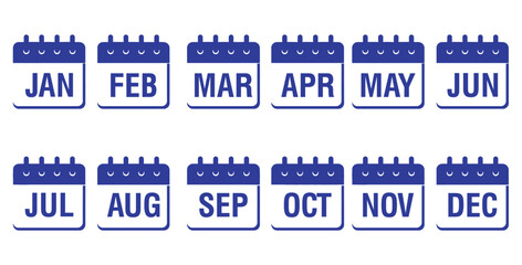 Twelve individual blue monthly calendar icons displayed in two horizontal rows featuring abbreviated names from January through December for scheduling and planning purposes