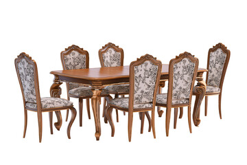 Wooden dining set with floral chairs isolated on a transparent background
