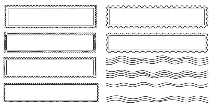 Collection of various black and white graphic design elements featuring rectangular stamp borders with perforated edges and wavy line dividers for creative applications