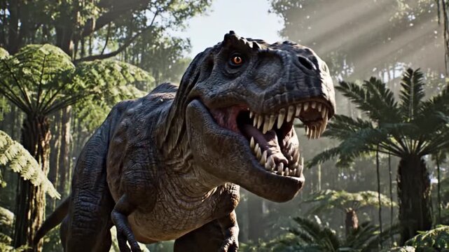 Roaring Tyrannosaurus Rex in Lush Jungle Environment Video.