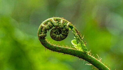 Close-up of a fern frond unfurling in a vibrant green hue, set against a blurred background. The delicate spiral shape of the fern's new growth is highlighted