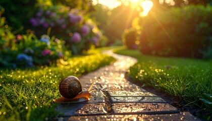 A snail navigating a brick pathway in a sunny garden, showcasing a journey through nature's embrace. The sunlight creates a warm ambiance around.