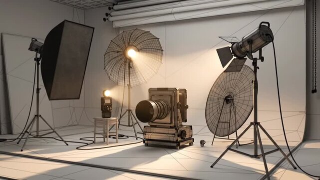 A 3D rendering of a photography studio with various lighting equipment.
