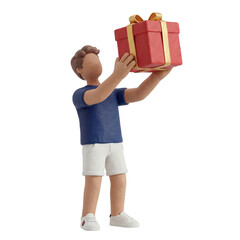 Faceless 3D Clay Male Character Holding Wrapped Gift Box Isolated