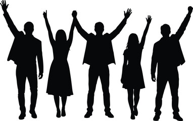 Fototapeta premium Silhouettes of Successful Business Team Celebrating Victory with Raised Arms and Hands Held High Isolated on a Clean White BackgroundSilhouettes of Successful Business Team Celebrating Victory with 