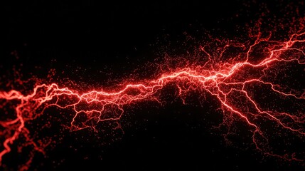 A bright red lightning strike electrifies the dark sky. This striking image captures the raw power of nature, with the lightning bolt illuminating the scene